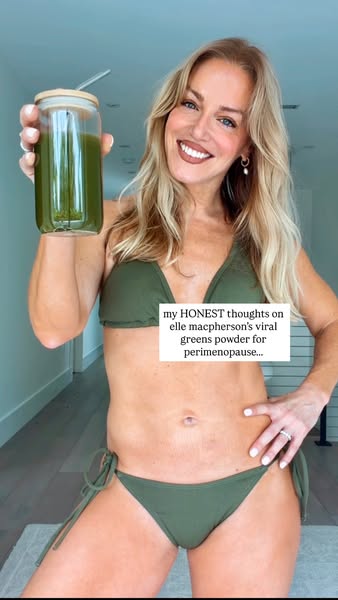 This ad features a woman promoting the Elle Macpherson viral greens powder for perimenopause, sharing her honest thought