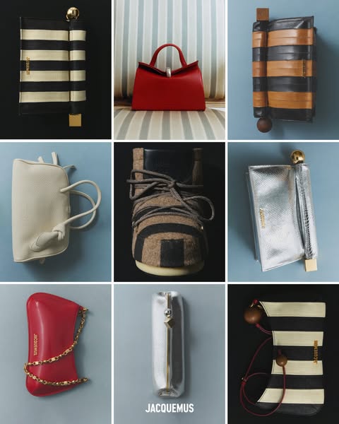 This ad showcases a variety of Jacquemus handbags and a shoe in a grid format.