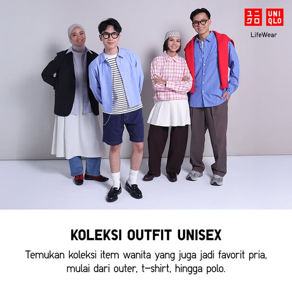 This ad showcases the Uniqlo brand's unisex outfit collection. The ad presents a group of people modeling various ou
