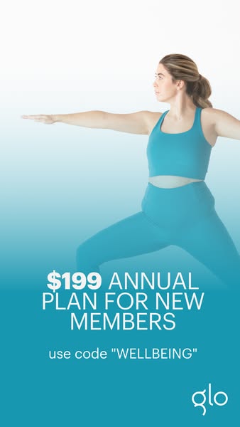 An image ad for glo promotes an annual plan for new members and encourages users to use a code for wellbeing.