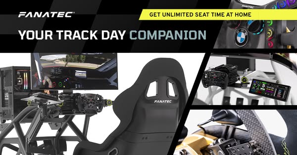 The ad showcases the Fanatec racing simulator as the perfect companion for track day enthusiasts who want to enjoy unlim