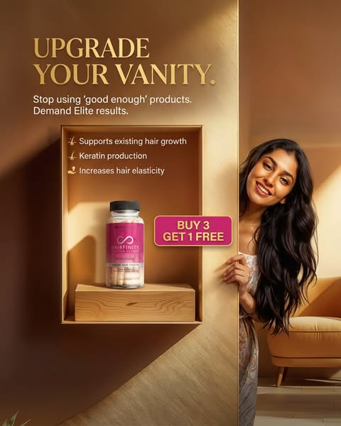 This image ad for Hairfinity hair growth supplements features a bottle of the product displayed in a decorative shelf, a
