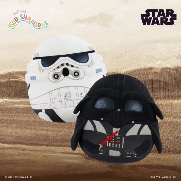 This image ad features two Squishmallows, one of Darth Vader and one of a Stormtrooper, against a background of sandy du