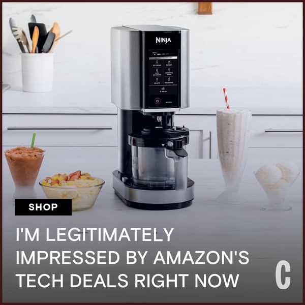 This ad features the Ninja CREAMi ice cream maker, with a photo of the appliance accompanied by ready-to-eat frozen dess