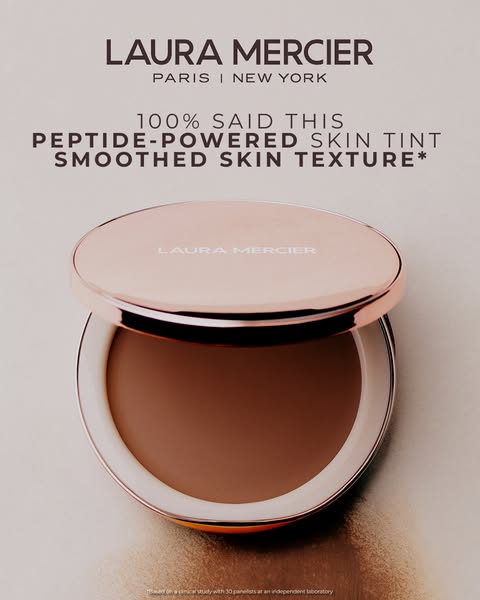 This Laura Mercier ad promotes a peptide-powered skin tint using a statistic from a clinical trial regarding smoothed sk