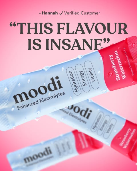 This ad features moodi Enhanced Electrolytes. The headline contains a quote from a customer that praises the flavor of t