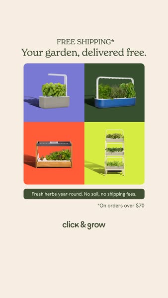 This image ad for Click & Grow promotes indoor gardening solutions with free shipping on orders over $70. The ad fea