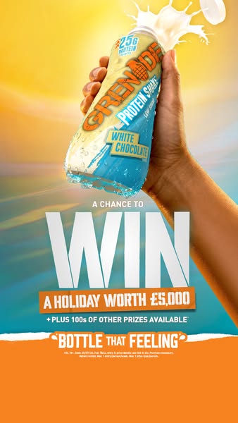 This ad promotes the Grenade White Chocolate Protein Shake and entices viewers to enter a competition to win a holiday w
