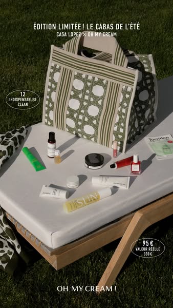 This ad showcases the 'LE CABAS DE L'ÉTÉ' beauty set from Casa Lopez x Oh My Cream! It highlights the 12 ind