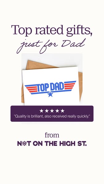 This ad is for finding top rated gifts on NOT ON THE HIGH ST. for Father's Day. The image shows a card that says 