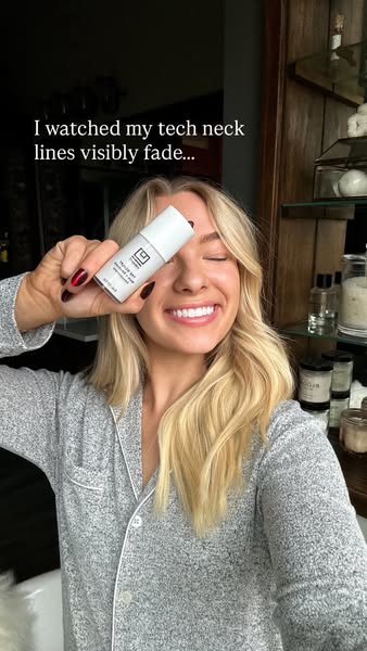 This ad features a woman holding a product that is intended to diminish the appearance of "tech neck lines."