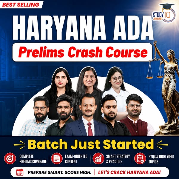 This image ad promotes a "Prelims Crash Course" for the Haryana ADA exam from Study IQ Judiciary. The ad featu
