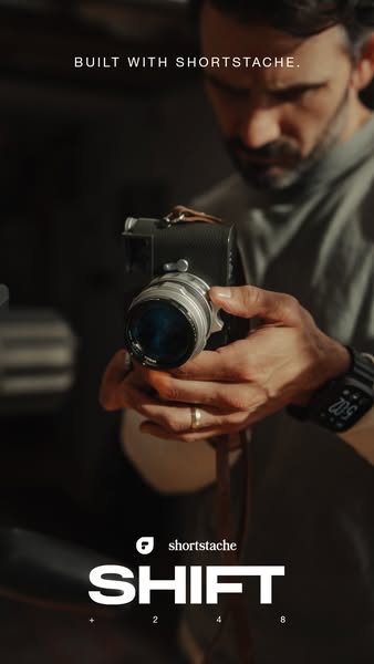 This ad features a man holding a camera. The ad focuses on the brand Shortstache, highlighting that the camera was '