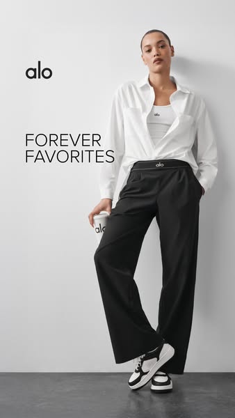 This Alo Yoga ad features a woman in activewear, highlighting the brand's versatility and style. The neutral backgro