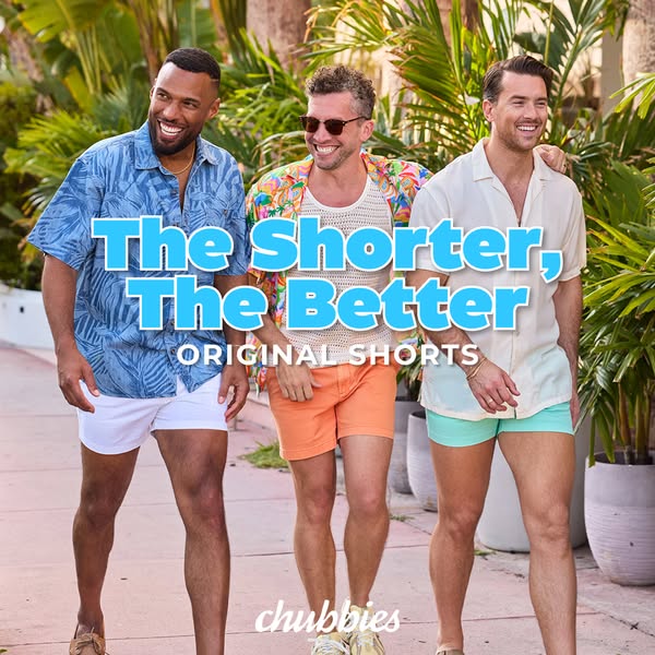 This image ad for Chubbies features three male models walking in an outdoor setting. They are promoting the brand's 