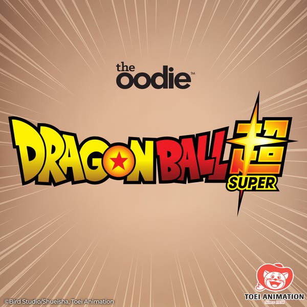 This ad features the Dragon Ball Super logo alongside The Oodie logo on a beige backdrop with radial lines. It is likely