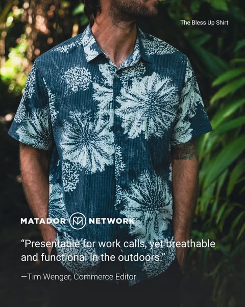 This image ad features a man wearing the 'Bless Up Shirt' by Matador Network. The shirt is presented as suitable