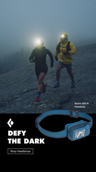 This image ad for Black Diamond headlamps depicts two people running in the dark with headlamps, above an image of the p