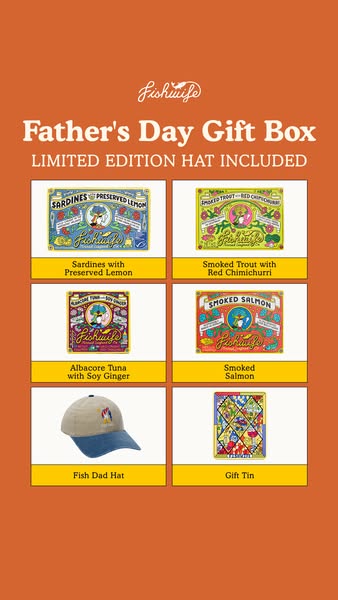 The ad showcases Fishwife's Father's Day gift box which includes a variety of tinned fish and a limited edition 