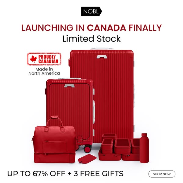 This ad promotes NOBL luggage, announcing their launch in Canada. The creative features a range of products in a bright 