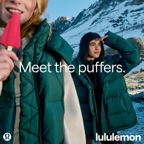 This ad showcases Lululemon's puffer jackets in a wintery mountain setting, featuring two models wearing the jackets