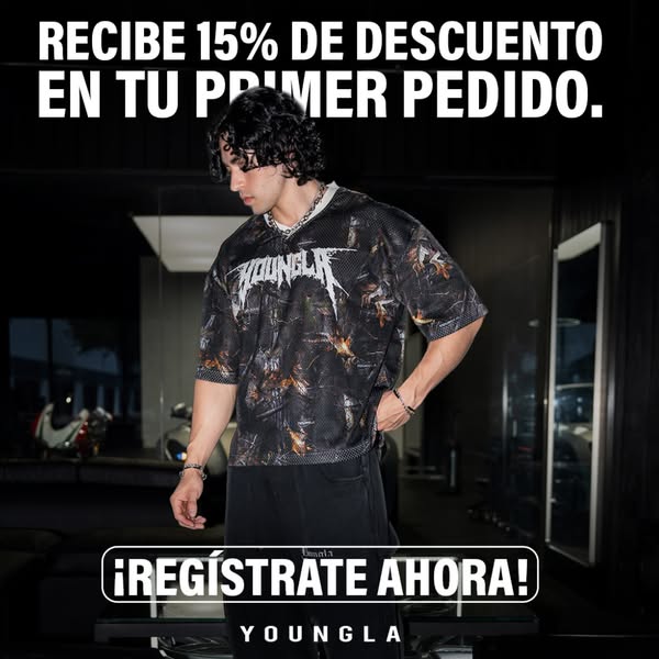 This image ad promotes YoungLA apparel, offering 15% off the first order and encouraging immediate sign-ups. It showcase