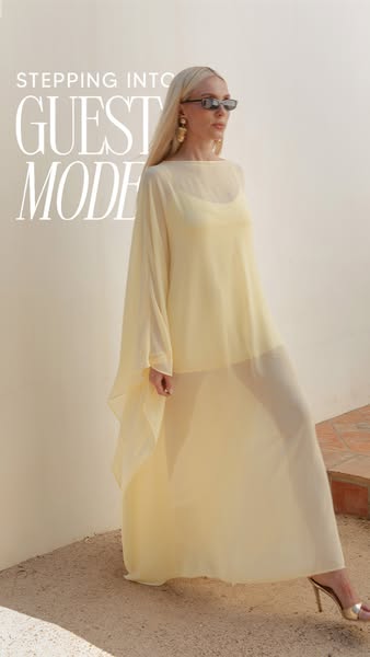 This image ad showcases a woman wearing a yellow dress with the text "Stepping into GUEST MODE".