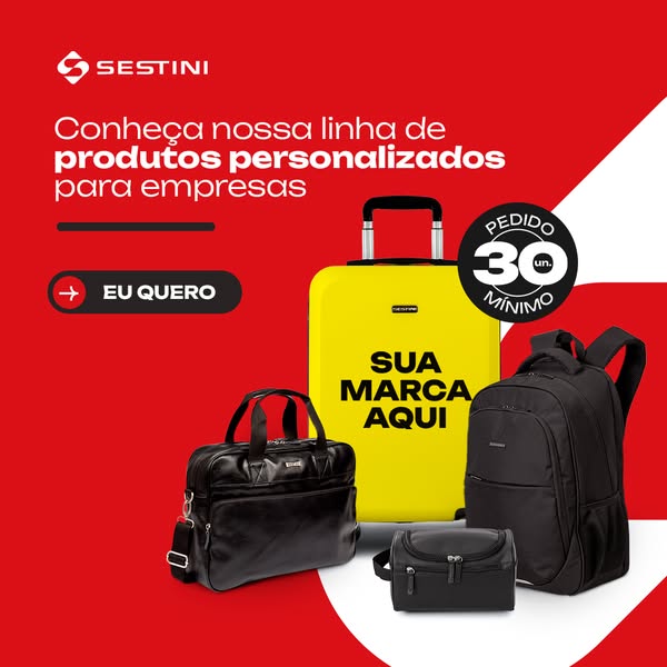 This ad by Sestini features a variety of bags and luggage that can be customized for businesses. The luggage is displaye