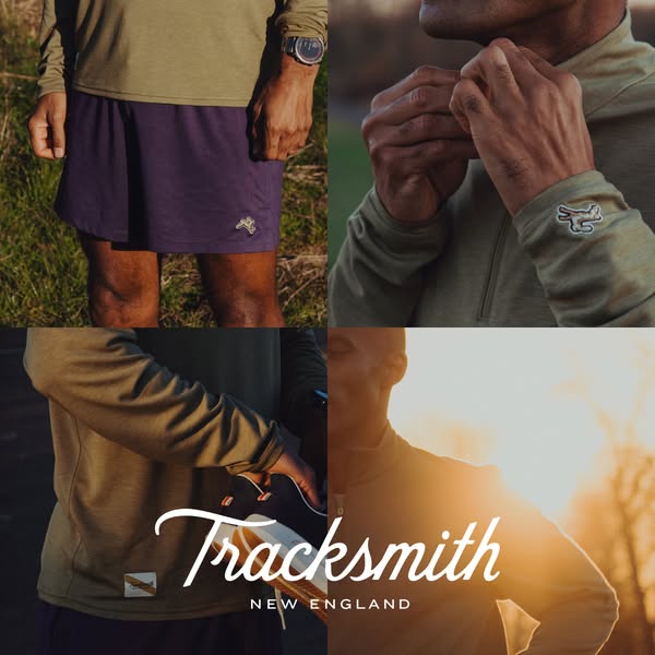 This ad for Tracksmith features 4 images in a grid formation, showcasing different products. There are close ups of the 