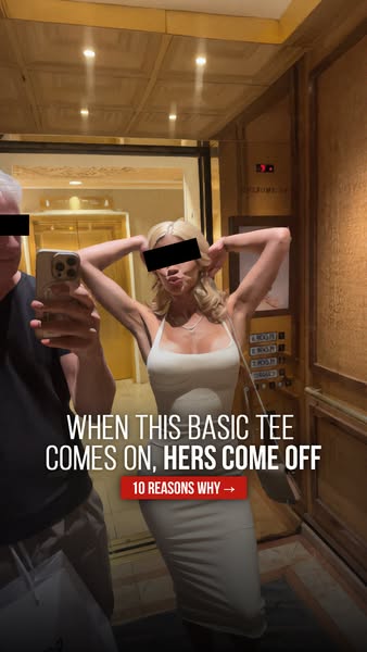 This image ad features a woman wearing a tight-fitting, basic tee shirt dress. The ad suggests that the dress is so attr
