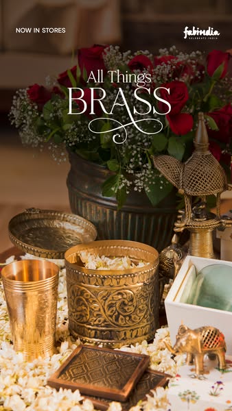 This ad showcases Fabindia's brass products, emphasizing their availability in stores.