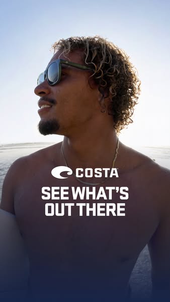This ad for Costa Del Mar sunglasses features a surfer on the beach wearing the sunglasses. The text overlay reads &quot