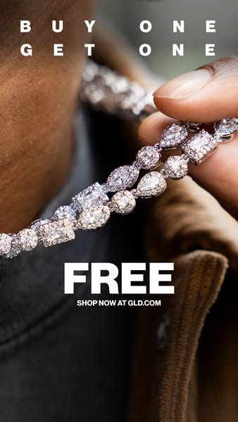 This ad by GLD promotes a buy one get one free offer on their jewelry. A close-up shot features a hand holding two iced-