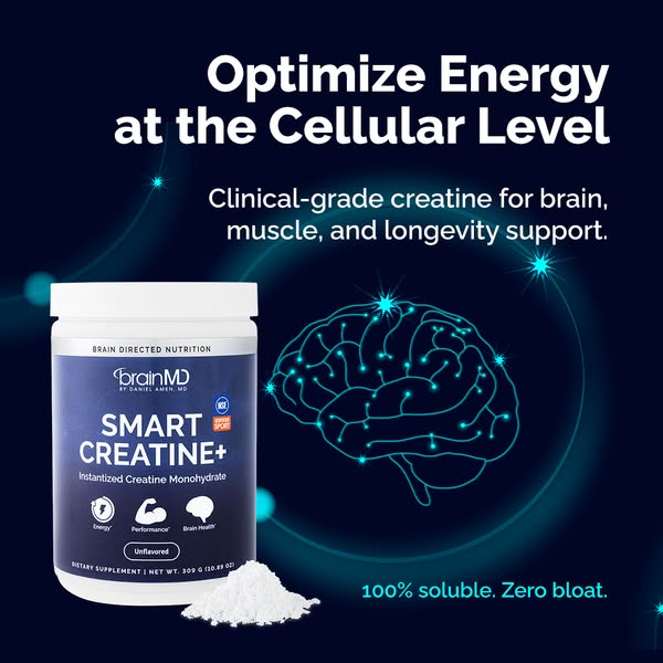 This ad promotes BrainMD Smart Creatine+, an instantized creatine monohydrate supplement designed to optimize energy at 