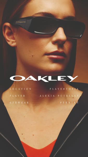 This image ad promotes Oakley eyewear through a stylish portrait of a woman wearing sunglasses. The ad uses minimalistic