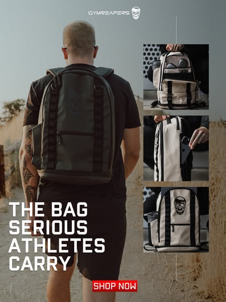 This Gymreapers ad features an image of an athlete wearing a backpack, with the headline "The bag serious athletes 