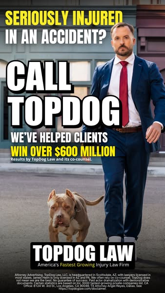 This image ad for TopDog Law conveys trustworthiness by showing the firm's authority, demonstrated through the numbe