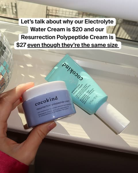 This ad image shows two Cocokind products, the Electrolyte Water Cream and the Resurrection Polypeptide Cream, sitting o