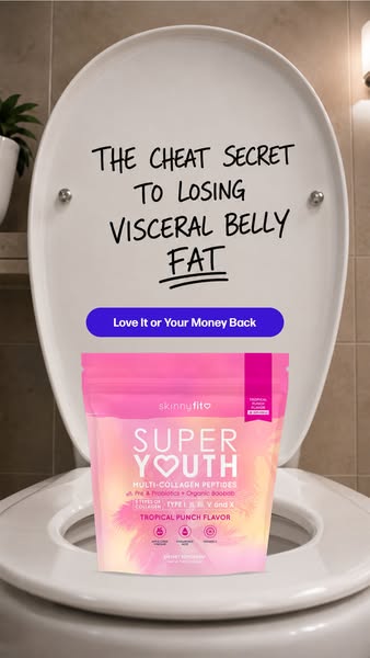 The image ad promotes SkinnyFit Super Youth Multi-Collagen Peptides to help lose visceral belly fat.
