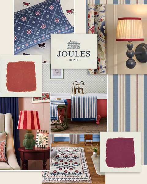This ad is a mood board for Joules Home, showcasing a variety of their home decor products, including bedding, paint, ru
