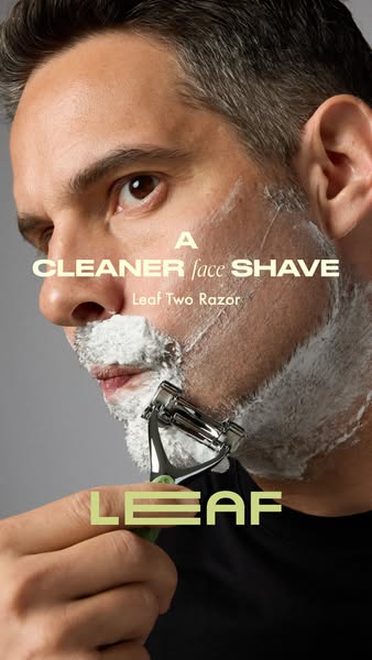 An image ad for Leaf razors featuring a man shaving his face.