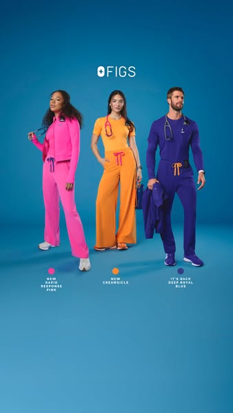 The ad showcases FIGS scrubs in three new or returning colors: Rapid Response Pink, Creamsicle, and Deep Royal Blue. Thr