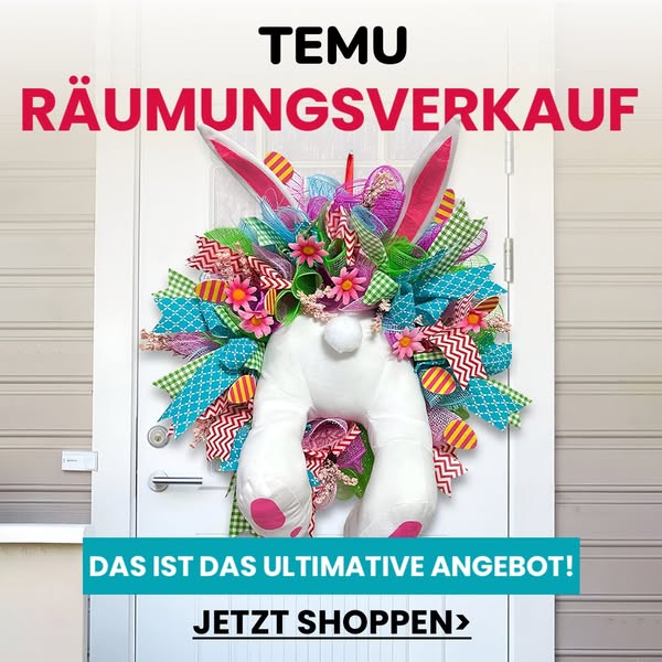 This ad promotes Temu's clearance sale featuring a spring-themed bunny wreath. The ad utilizes a bright and cheerful