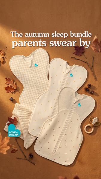 This ad showcases an autumn sleep bundle of sleep sacks designed for babies. It features three different sleep sacks, ea