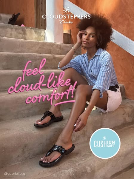 This image ad showcases Cloudsteppers sandals by Clarks with the headline "feel cloud-like comfort!".