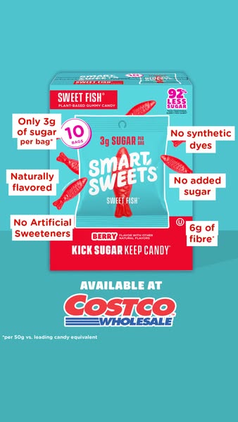 This image ad highlights the low sugar and other nutritional benefits of Smart Sweets Sweet Fish candy, emphasizing its 