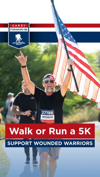 This image ad is for Carry Forward 5K, a run/walk event to support wounded warriors. The ad shows a man running with an 