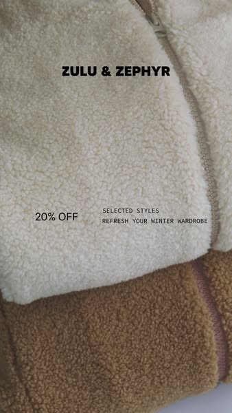 This ad features a close-up shot of a Zulu & Zephyr sherpa jacket to promote a 20% off sale on selected styles.
