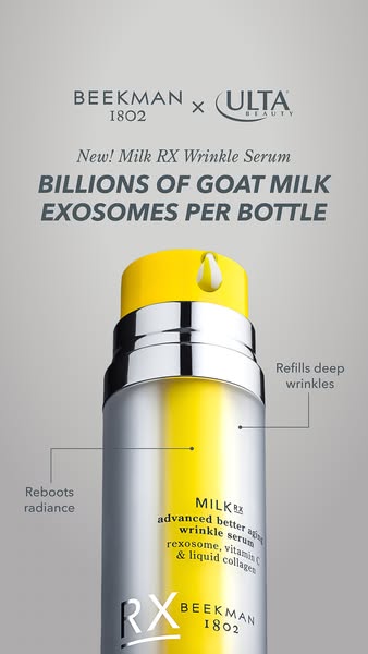 This ad promotes Beekman 1802's Milk RX Wrinkle Serum, highlighting its key ingredients and benefits. The ad feature