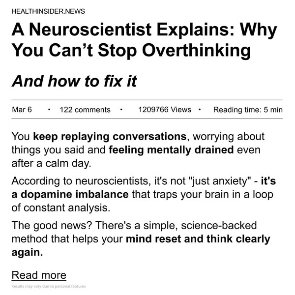 This ad is for an article that seeks to help people stop overthinking.